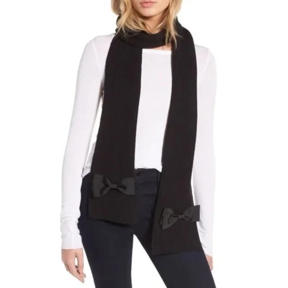 KATE SPADE Black Grosgrain Bow Knit Long Scarf